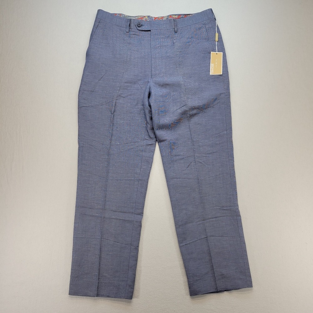 Michael Kors Pants Mens 34x28* Blue Linen Slim Fit Straight Leg Pleated Luxury